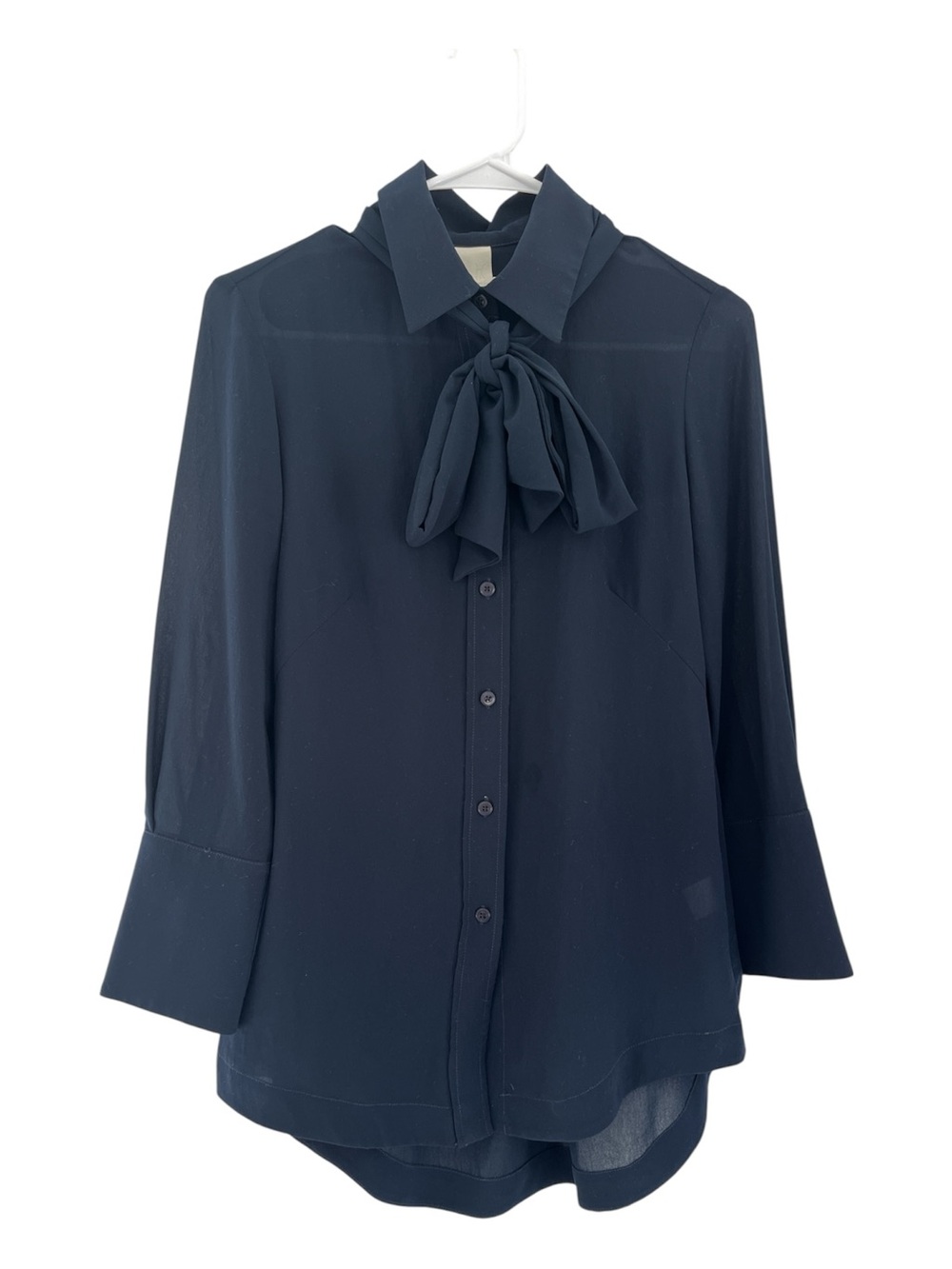 MALIA MILLS Women’s Dark Navy Blue Sheer Tie Button Up Blouse 2 S
